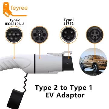 Адаптер-перехідник для заряджання електромобілів Feyree Type 2 – Type 1, Type2 – Type1 з замком з замком (7кВт), адаптер-перехідник для електромобілів з гніздом для заряджання стандарта Type 1 (SAE J1772), для заряджання від зарядних станцій стандарта Type 2 (IEC 62196), вогнетривкий пластик стандарту UL94 V-0 (горіння припиняється протягом 10 секунд), IP54, адаптер-перехідник споряджений замками з обох боків, Київ, Киев