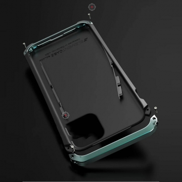 Чехол Element Case Solace (Element Box) для смартфона iPhone 11 Pro, противоударный бампер, корпус из поликарбоната, алюминиевые накладки, бампер состоит из трёх частей, скрученных четырьмя винтиками, в комплект входит отвёртка и 2 запасных винтика, резиновые прокладки на внутренней поверхности рамы для защиты корпуса смартфона, встроенные кнопки регулировки громкости, фабричная упаковка, Киев