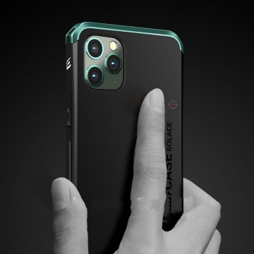 Чехол Element Case Solace (Element Box) для смартфона iPhone 11 Pro, противоударный бампер, корпус из поликарбоната, алюминиевые накладки, бампер состоит из трёх частей, скрученных четырьмя винтиками, в комплект входит отвёртка и 2 запасных винтика, резиновые прокладки на внутренней поверхности рамы для защиты корпуса смартфона, встроенные кнопки регулировки громкости, фабричная упаковка, Киев