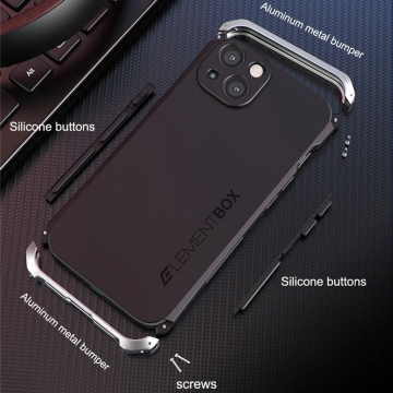 Чехол Element Case Solace (Element Box) для смартфона iPhone 13, противоударный бампер, корпус из поликарбоната, алюминиевые накладки, бампер состоит из трёх частей, скрученных четырьмя винтиками, в комплект входит отвёртка и 2 запасных винтика, резиновые прокладки на внутренней поверхности рамы для защиты корпуса смартфона, встроенные кнопки регулировки громкости, двойное отверстие для крепления ремешка, фабричная упаковка, Киев