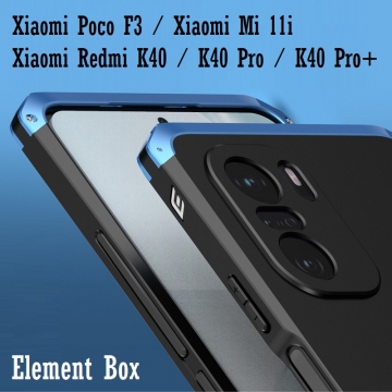 Чехол Element Case Solace Element Box для смартфона Xiaomi Poco F3 / Xiaomi Redmi K40 / Xiaomi Redmi K40 Pro / Xiaomi Mi 11i, противоударный бампер, корпус из поликарбоната, алюминиевые накладки, бампер состоит из трёх частей, скрученных четырьмя винтиками, в комплект входит отвёртка и 2 запасных винтика, резиновые прокладки на внутренней поверхности рамы для защиты корпуса смартфона со встроенными кнопками регулировки громкости и включения / выключения, фабричная упаковка, Киев