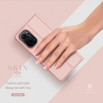 Чехол-книжка Dux Ducis (серия Skin Pro) для смартфона Xiaomi Poco F3 / Xiaomi Redmi K40 / Xiaomi Redmi K40 Pro / Xiaomi Mi 11i, горизонтальный флип, искусственная кожа, накладка из термополиуретана, встроенные магниты для фиксации чехла в закрытом и открытом состоянии, отделение для платёжных карт / визиток, возможность трансформации чехла в подставку для просмотра видео, чёрный, синий, золотой, розовый, Киев