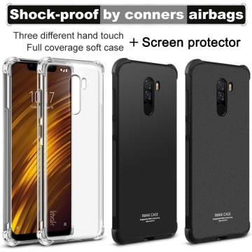 Чехол-накладка iMak (Airbag Version) + плёнка для смартфона Xiaomi Pocophone F1 / Xiaomi Poco F1, противоударный бампер, силиконовый чехол, прозрачный термополиуретан, чёрный гладкий термополиуретан, чёрный шероховатый термополиуретан, TPU, логотип «iMak», накладки на кнопки регулировки громкости и включения / выключения, дополнительная защита углов смартфона «воздушными подушками», защитная плёнка повышенной прочности, Киев