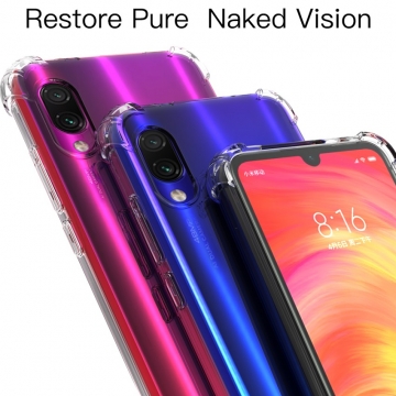 Чехол-накладка PZOZ (Airbag Version) для смартфона Xiaomi RedMi Note 7, термополиуретан, дополнительная защита углов смартфона «воздушными подушками», накладки на кнопки регулировки громкости и включения / выключения, прозрачный, прозрачный с чёрным оттенком, прозрачный с красным оттенком, Киев