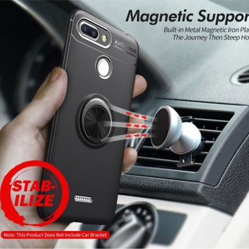 Чехол-накладка с магнитным кольцом для смартфона Xiaomi Redmi 6, противоударный бампер, термополиуретан (TPU), накладки на кнопки регулировки громкости и включения / выключения, несъёмное кольцо для пальца, которое также можно использовать как подставку при просмотре видео, угол поворота кольца 360 градусов, угол наклона кольца 150 градусов, металлический сердечник крепится к автомобильным магнитным держателям, чёрный, синий, красный, розовый, Киев