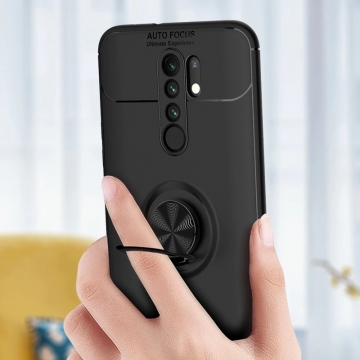 Чехол-накладка с магнитным кольцом для смартфона Xiaomi Redmi 9, противоударный бампер, термополиуретан (TPU), накладки на кнопки регулировки громкости и включения / выключения, несъёмное кольцо для пальца, которое также можно использовать как подставку при просмотре видео, угол поворота кольца 360 градусов, угол наклона кольца 150 градусов, металлический сердечник крепится к автомобильным магнитным держателям, чёрный, синий, красный, розовый, Киев