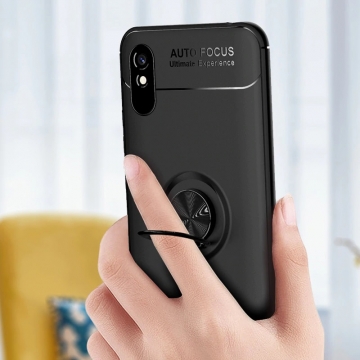 Чехол-накладка с магнитным кольцом для смартфона Xiaomi Redmi 9A, противоударный бампер, термополиуретан (TPU), накладки на кнопки регулировки громкости и включения / выключения, несъёмное кольцо для пальца, которое также можно использовать как подставку при просмотре видео, угол поворота кольца 360 градусов, угол наклона кольца 150 градусов, металлический сердечник крепится к автомобильным магнитным держателям, чёрный, синий, красный, розовый, Киев