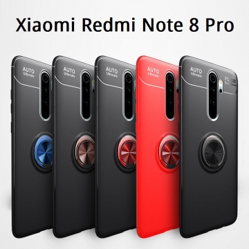 Чехол-накладка с магнитным кольцом для смартфона Xiaomi Redmi Note 8 Pro, противоударный чехол, термополиуретан (TPU), накладки на кнопки регулировки громкости и включения / выключения, несъёмное кольцо для пальца, которое также можно использовать как подставку при просмотре видео, угол поворота кольца 360 градусов, угол наклона кольца 150 градусов, металлический сердечник крепится к автомобильным магнитным держателям, чёрный, синий, красный, розовый, Киев