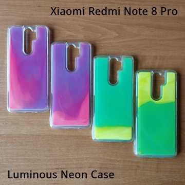 Чехол-накладка с неоновым песком для смартфона Xiaomi Redmi Note 8 Pro, Neon Sand, противоударный бампер, поликарбонат + термополиуретан, подвижный «неоновый песок» двух цветов, песок светится в темноте после пребывания на солнце, накладки на кнопки регулировки громкости и включения / выключения, двойное отверстие для крепления ремешка, фиолетовый + розовый, зелёный + жёлтый, Киев