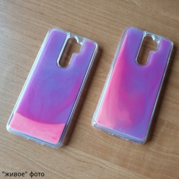 Чехол-накладка с неоновым песком для смартфона Xiaomi Redmi Note 8 Pro, Neon Sand, противоударный бампер, поликарбонат + термополиуретан, подвижный «неоновый песок» двух цветов, песок светится в темноте после пребывания на солнце, накладки на кнопки регулировки громкости и включения / выключения, двойное отверстие для крепления ремешка, фиолетовый + розовый, зелёный + жёлтый, Киев