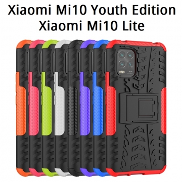 Чехол-накладка с подставкой для смартфона Xiaomi Mi10 Youth Edition 5G / Xiaomi Mi10 Lite 5G, бронированный противоударный бампер, поликарбонат + термополиуретан, сочетание жёсткости с гибкостью, в чехол встроена подставка для просмотра видео, чёрный + чёрный, чёрный + красный, чёрный + оранжевый, чёрный +розовый, чёрный + синий, чёрный + фиолетовый, чёрный + зелёный, чёрный + белый, Киев