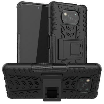 Чехол-накладка с подставкой для смартфона Xiaomi Poco X3, бронированный противоударный бампер, поликарбонат + термополиуретан, сочетание жёсткости с гибкостью, в чехол встроена подставка для просмотра видео, чёрный + чёрный, чёрный + красный, чёрный + оранжевый, чёрный +розовый, чёрный + синий, чёрный + фиолетовый, чёрный + зелёный, чёрный + белый, Киев