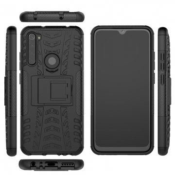 Чехол-накладка с подставкой для смартфона Xiaomi Redmi Note 8, бронированный бампер, поликарбонат + термополиуретан, сочетание жёсткости с гибкостью, в чехол встроена подставка для просмотра видео, чёрный + чёрный, чёрный + красный, чёрный + оранжевый, чёрный +розовый, чёрный + синий, чёрный + фиолетовый, чёрный + зелёный, чёрный + белый, Киев