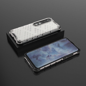Чехол-накладка с рисунком в виде сот для смартфона Xiaomi Mi10 / Xiaomi Mi10 Pro, задняя панель из поликарбоната, рама из термополиуретана, сочетание жёсткости с гибкостью, дополнительная защита углов смартфона «воздушными подушками», накладка на кнопки регулировки громкости и включения / выключения, чёрный + прозрачный, чёрный + серый, чёрный + красный, чёрный + синий, чёрный + зелёный, Киев