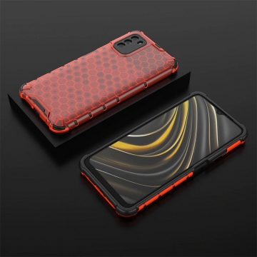 Чехол-накладка с рисунком в виде сот для смартфона Xiaomi Poco M3, противоударный бампер, задняя панель из поликарбоната, рама из термополиуретана, сочетание жёсткости с гибкостью, дополнительная защита углов смартфона «воздушными подушками», накладка на кнопки регулировки громкости, чёрный + прозрачный, чёрный + серый, чёрный + красный, чёрный + синий, чёрный + зелёный, Киев