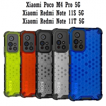 Чехол-накладка с рисунком в виде сот для смартфона Xiaomi Poco M4 Pro 5G / Xiaomi Redmi Note 11S 5G / Xiaomi Redmi Note 11T 5G, противоударный бампер, задняя панель из поликарбоната, рама из термополиуретана, сочетание жёсткости с гибкостью, дополнительная защита углов смартфона «воздушными подушками», накладка на кнопки регулировки громкости, чёрный + прозрачный, чёрный + серый, чёрный + красный, чёрный + синий, чёрный + зелёный, Киев