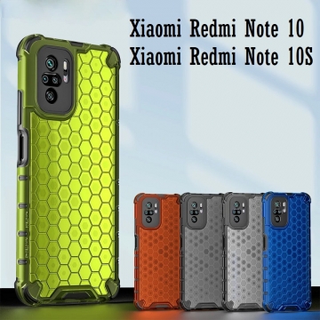 Чехол-накладка с рисунком в виде сот для смартфона Xiaomi Redmi Note 10 / Xiaomi Redmi Note 10S, противоударный бампер, задняя панель из поликарбоната, рама из термополиуретана, сочетание жёсткости с гибкостью, дополнительная защита углов смартфона «воздушными подушками», накладка на кнопки регулировки громкости, чёрный + прозрачный, чёрный + серый, чёрный + красный, чёрный + синий, чёрный + зелёный, Киев