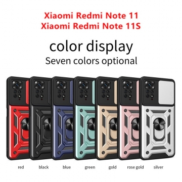 Чехол с защитной шторкой для камеры и магнитным кольцом для Xiaomi Redmi Note 11 / Xiaomi Redmi Note 11S, термополиуретан TPU + поликарбонат, шторка-слайдер для защиты камеры от механических воздействий, несъёмное кольцо для пальца, которое также можно использовать как подставку при просмотре видео, в кольцо встроен металлический сердечник, который крепится к автомобильным магнитным держателям, Киев