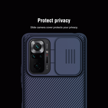 Чехол с защитной шторкой для камеры Nillkin CamShield для смартфона Xiaomi Redmi Note 10 Pro / Xiaomi Redmi Note 10 Pro Max, противоударный бампер, рифлёный пластик, шторка-слайдер для защиты камеры от механических воздействий, чёрный, синий, Киев