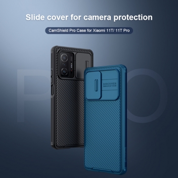 Чехол с защитной шторкой для камеры Nillkin CamShield Pro для смартфона Xiaomi 11T / Xiaomi 11T Pro, задняя панель из поликарбоната + рама из термополиуретана, дополнительная защита углов смартфона «воздушными подушками», шторка-слайдер для защиты камеры от механических воздействий, накладки на кнопки регулировки громкости, чёрный, синий, зелёный, Киев