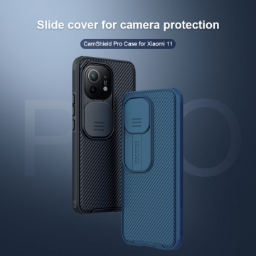 Чехол с защитной шторкой для камеры Nillkin CamShield Pro для смартфона Xiaomi Mi 11, задняя панель из поликарбоната + рама из термополиуретана, дополнительная защита углов смартфона «воздушными подушками», шторка-слайдер для защиты камеры от механических воздействий, накладки на кнопки регулировки громкости, чёрный, синий, зелёный, Киев