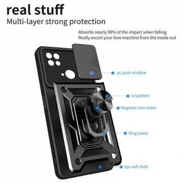 Чехол с защитной шторкой для камеры и магнитным кольцом для смартфона Xiaomi Redmi 10C, термополиуретан TPU + поликарбонат, шторка-слайдер для защиты камеры от механических воздействий, несъёмное кольцо для пальца, которое также можно использовать как подставку при просмотре видео, в кольцо встроен металлический сердечник, который крепится к автомобильным магнитным держателям, Киев, Київ
