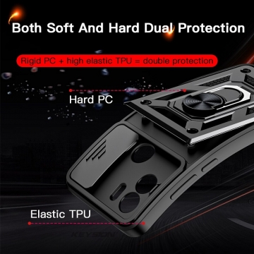 Чехол с защитной шторкой для камеры и магнитным кольцом для смартфона Xiaomi Redmi A1+, термополиуретан TPU + поликарбонат, шторка-слайдер для защиты камеры от механических воздействий, несъёмное кольцо для пальца, которое также можно использовать как подставку при просмотре видео, в кольцо встроен металлический сердечник, который крепится к автомобильным магнитным держателям, Киев, Київ