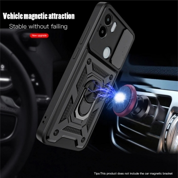 Чехол с защитной шторкой для камеры и магнитным кольцом для смартфона Xiaomi Redmi A1+, термополиуретан TPU + поликарбонат, шторка-слайдер для защиты камеры от механических воздействий, несъёмное кольцо для пальца, которое также можно использовать как подставку при просмотре видео, в кольцо встроен металлический сердечник, который крепится к автомобильным магнитным держателям, Киев, Київ