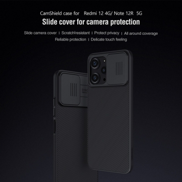 Чехол с защитной шторкой для камеры Nillkin CamShield для смартфона Xiaomi Redmi 12 / Xiaomi Redmi Note 12R, противоударный бампер, рифлёный пластик, шторка-слайдер для защиты камеры от механических воздействий, чёрный, синий, Киев, Київ