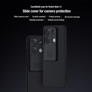 Чехол с защитной шторкой для камеры Nillkin CamShield для смартфона Xiaomi Redmi Note 13 5G, противоударный бампер, рифлёный пластик, шторка-слайдер для защиты камеры от механических воздействий, чёрный, синий, Киев, Київ