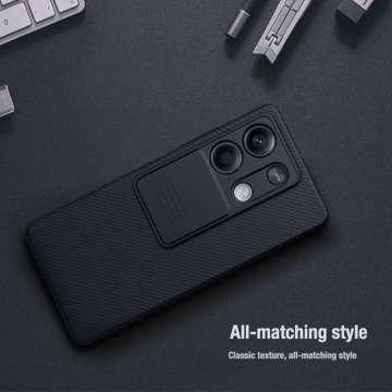 Чехол с защитной шторкой для камеры Nillkin CamShield для смартфона Xiaomi Redmi Note 13 5G, противоударный бампер, рифлёный пластик, шторка-слайдер для защиты камеры от механических воздействий, чёрный, синий, Киев, Київ