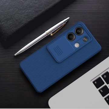 Чехол с защитной шторкой для камеры Nillkin CamShield для смартфона Xiaomi Redmi Note 13 5G, противоударный бампер, рифлёный пластик, шторка-слайдер для защиты камеры от механических воздействий, чёрный, синий, Киев, Київ