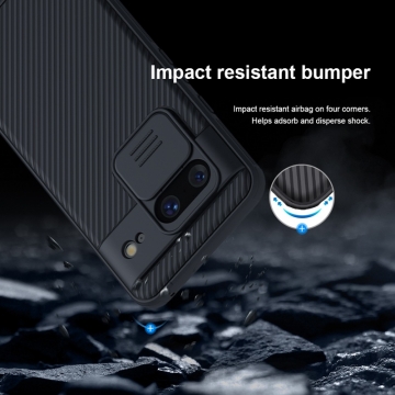Чехол с защитной шторкой для камеры Nillkin CamShield Pro для смартфона Google Pixel 8, задняя панель из поликарбоната + рама из термополиуретана, дополнительная защита углов смартфона «воздушными подушками», шторка-слайдер для защиты камеры от механических воздействий, накладки на кнопки регулировки громкости, чёрный, синий, зелёный, Киев, Київ