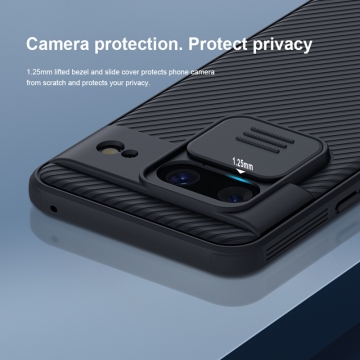 Чехол с защитной шторкой для камеры Nillkin CamShield Pro для смартфона Google Pixel 8, задняя панель из поликарбоната + рама из термополиуретана, дополнительная защита углов смартфона «воздушными подушками», шторка-слайдер для защиты камеры от механических воздействий, накладки на кнопки регулировки громкости, чёрный, синий, зелёный, Киев, Київ