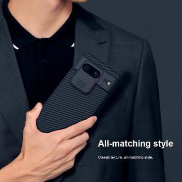 Чехол с защитной шторкой для камеры Nillkin CamShield Pro для смартфона Google Pixel 8, задняя панель из поликарбоната + рама из термополиуретана, дополнительная защита углов смартфона «воздушными подушками», шторка-слайдер для защиты камеры от механических воздействий, накладки на кнопки регулировки громкости, чёрный, синий, зелёный, Киев, Київ