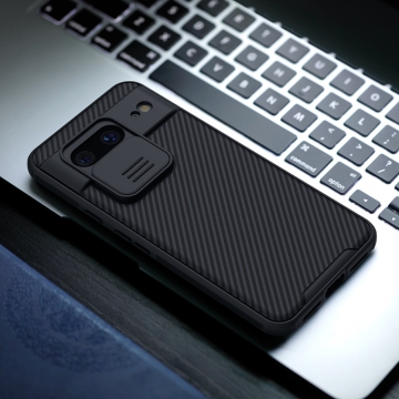 Чехол с защитной шторкой для камеры Nillkin CamShield Pro для смартфона Google Pixel 8, задняя панель из поликарбоната + рама из термополиуретана, дополнительная защита углов смартфона «воздушными подушками», шторка-слайдер для защиты камеры от механических воздействий, накладки на кнопки регулировки громкости, чёрный, синий, зелёный, Киев, Київ