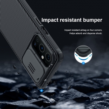 Чехол с защитной шторкой для камеры Nillkin CamShield Pro для смартфона OnePlus 9 Pro, задняя панель из поликарбоната + рама из термополиуретана, дополнительная защита углов смартфона «воздушными подушками», шторка-слайдер для защиты камеры от механических воздействий, накладки на кнопки регулировки громкости, чёрный, синий, зелёный, Киев, Київ