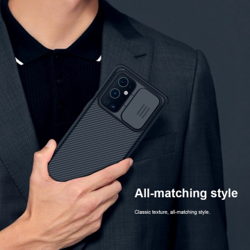 Чехол с защитной шторкой для камеры Nillkin CamShield Pro для смартфона OnePlus 9 Pro, задняя панель из поликарбоната + рама из термополиуретана, дополнительная защита углов смартфона «воздушными подушками», шторка-слайдер для защиты камеры от механических воздействий, накладки на кнопки регулировки громкости, чёрный, синий, зелёный, Киев, Київ