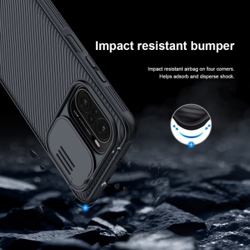 Чехол с защитной шторкой для камеры Nillkin CamShield Pro для смартфона Xiaomi Poco F3 / Xiaomi Redmi K40 / Xiaomi Redmi K40 Pro / Xiaomi Mi 11i, задняя панель из поликарбоната + рама из термополиуретана, дополнительная защита углов смартфона «воздушными подушками», шторка-слайдер для защиты камеры от механических воздействий, накладки на кнопки регулировки громкости, чёрный, синий, зелёный, Киев, Київ