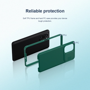 Чехол с защитной шторкой для камеры Nillkin CamShield Pro для смартфона Xiaomi Poco F3 / Xiaomi Redmi K40 / Xiaomi Redmi K40 Pro / Xiaomi Mi 11i, задняя панель из поликарбоната + рама из термополиуретана, дополнительная защита углов смартфона «воздушными подушками», шторка-слайдер для защиты камеры от механических воздействий, накладки на кнопки регулировки громкости, чёрный, синий, зелёный, Киев, Київ