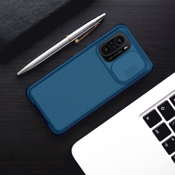 Чехол с защитной шторкой для камеры Nillkin CamShield Pro для смартфона Xiaomi Poco F3 / Xiaomi Redmi K40 / Xiaomi Redmi K40 Pro / Xiaomi Mi 11i, задняя панель из поликарбоната + рама из термополиуретана, дополнительная защита углов смартфона «воздушными подушками», шторка-слайдер для защиты камеры от механических воздействий, накладки на кнопки регулировки громкости, чёрный, синий, зелёный, Киев, Київ