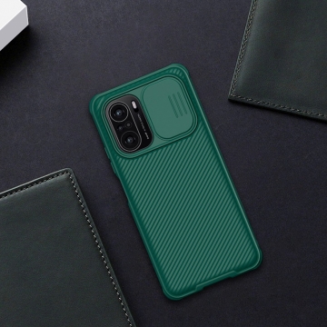 Чехол с защитной шторкой для камеры Nillkin CamShield Pro для смартфона Xiaomi Poco F3 / Xiaomi Redmi K40 / Xiaomi Redmi K40 Pro / Xiaomi Mi 11i, задняя панель из поликарбоната + рама из термополиуретана, дополнительная защита углов смартфона «воздушными подушками», шторка-слайдер для защиты камеры от механических воздействий, накладки на кнопки регулировки громкости, чёрный, синий, зелёный, Киев, Київ