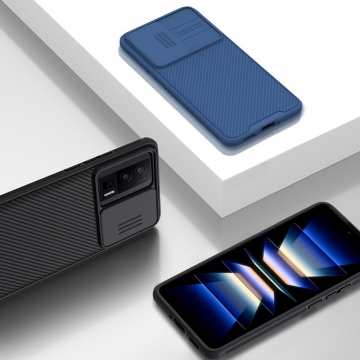Чехол с защитной шторкой для камеры Nillkin CamShield Pro для смартфона Xiaomi Poco F5 Pro / Xiaomi Redmi K60 / Xiaomi Redmi K60 Pro, задняя панель из поликарбоната + рама из термополиуретана, дополнительная защита углов смартфона «воздушными подушками», шторка-слайдер для защиты камеры от механических воздействий, накладки на кнопки регулировки громкости, чёрный, синий, зелёный, Киев, Київ