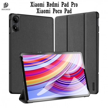 Чохол-книжка Dux Ducis (серія Domo) для планшета Xiaomi Poco Pad / Xiaomi Redmi Pad Pro, горизонтальний фліп, штучна шкіра, термополіуретан, ПВХ, мікрофайбер, захист кутів планшета «повітряними подушками», магнітне тримання чохла в закритому стані, смарт-чохол (екран вмикається при відкритті чохла і вимикається при закритті), 2 режими складання чохла, металевий шильд «Dux Ducis» на лицьовому боці, чорний, синій, рожевий, Київ, Киев
