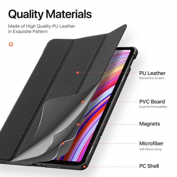 Чохол-книжка Dux Ducis (серія Domo) для планшета Xiaomi Poco Pad / Xiaomi Redmi Pad Pro, горизонтальний фліп, штучна шкіра, термополіуретан, ПВХ, мікрофайбер, захист кутів планшета «повітряними подушками», магнітне тримання чохла в закритому стані, смарт-чохол (екран вмикається при відкритті чохла і вимикається при закритті), 2 режими складання чохла, металевий шильд «Dux Ducis» на лицьовому боці, чорний, синій, рожевий, Київ, Киев