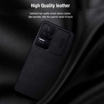 Чохол-книжка Nillkin (серія QIN Pro) для смартфона Xiaomi Poco F4 / Xiaomi Redmi K40S, горизонтальный фліп, штучна шкіра, шторка-слайдер для захисту камеры від механічного впливу, відділення для платіжних карт / візитівок, металевий шильд Nillkin на лицьовому боці, чорний, коричневий, червоний, Київ, Киев