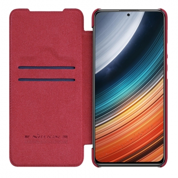 Чохол-книжка Nillkin (серія QIN Pro) для смартфона Xiaomi Poco F4 / Xiaomi Redmi K40S, горизонтальный фліп, штучна шкіра, шторка-слайдер для захисту камеры від механічного впливу, відділення для платіжних карт / візитівок, металевий шильд Nillkin на лицьовому боці, чорний, коричневий, червоний, Київ, Киев