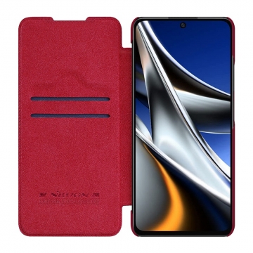 Чохол-книжка Nillkin (серія QIN Pro) для Xiaomi Poco X4 Pro 5G, горизонтальный фліп, штучна шкіра, шторка-слайдер для захисту камеры від механічного впливу, відділення для платіжних карт / візитівок, металевий шильд Nillkin на лицьовому боці, чорний, коричневий, червоний, Київ, Киев