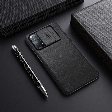 Чохол-книжка Nillkin (серія QIN Pro) для Xiaomi Redmi Note 11 Pro / Xiaomi Redmi Note 11 Pro 5G / Xiaomi Redmi Note 11E Pro (China), горизонтальный фліп, штучна шкіра, шторка-слайдер для захисту камеры від механічного впливу, відділення для платіжних карт / візитівок, металевий шильд Nillkin на лицьовому боці, чорний, коричневий, червоний, Київ, Киев