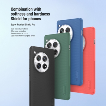 Чохол-накладка Nillkin Super Frosted Shield Pro для смартфона OnePlus 12, задня панель з полікарбоната + рама з термополіуретана, поєднання жорсткості з гнучкістю, додатковий захист кутів смартфона кутовими бамперами, накладки на кнопки живлення й регулювання гучності, чорний, синій, зелений, червоний, Київ, Киев